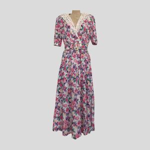 Vintage 80s Jane Singer Pink Floral Spring A Line Cottage Core Midi Dress L